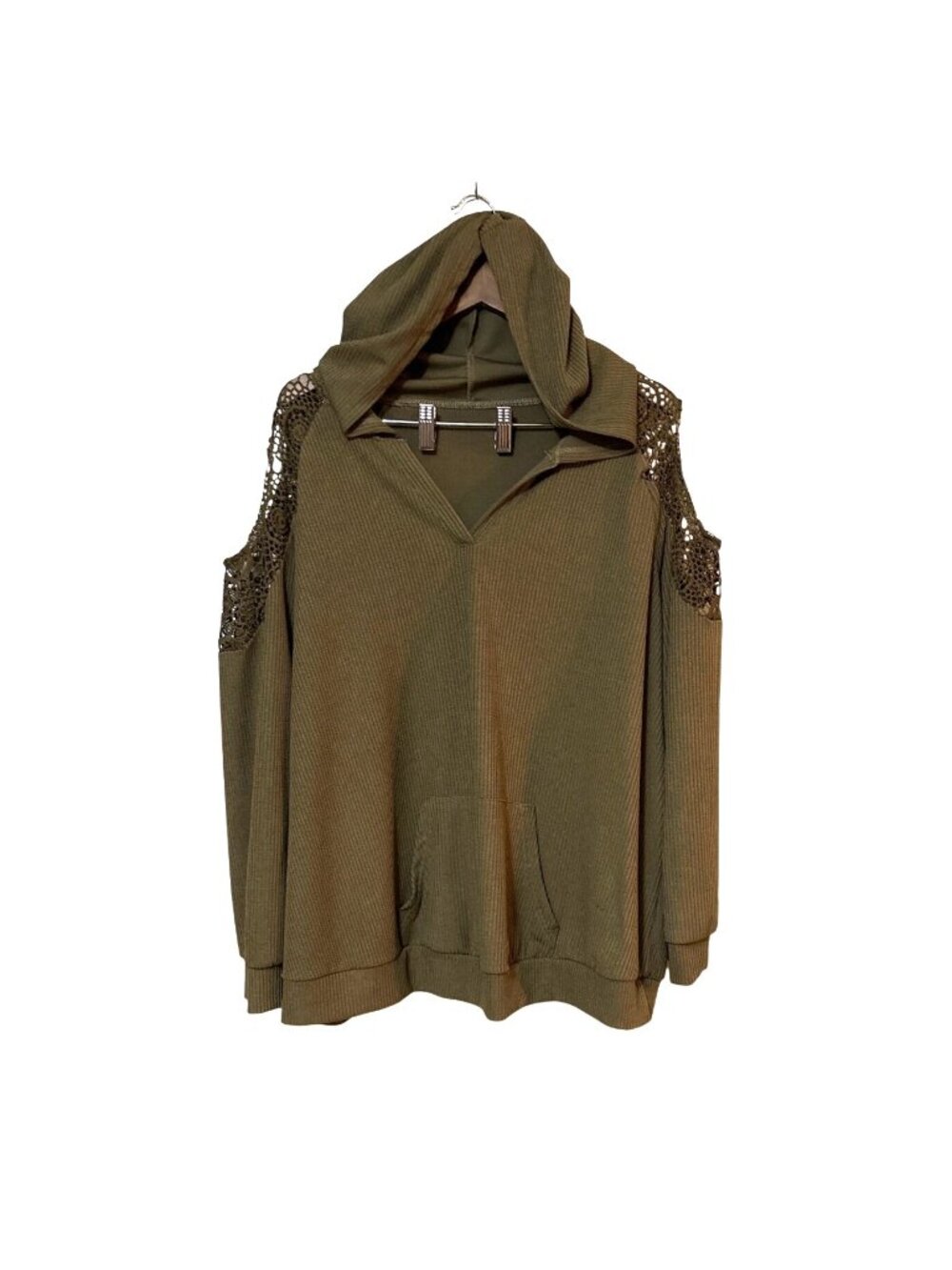 Shein Curve 3XL Olive Green Cold Shoulder Hoodie With Lace Trim & Front Pocket